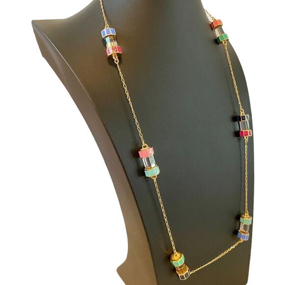 Kate Spade Multi-Colored Cylinder Necklace on Delicate Gold Toned Chain. - Picture 3 of 5